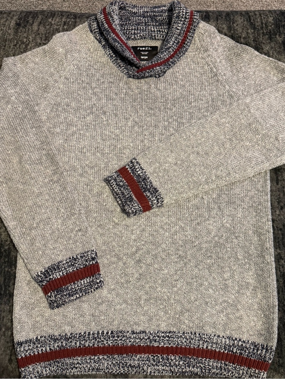 Rue21 Grey Marled V-Neck Sweater with Navy and Red Trim